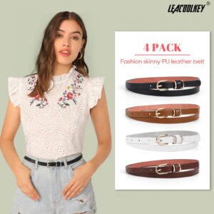 LEACOOLKEY 4 PACK Skinny Leather Belt for Women Dress Thin Waist Belt with Gold Buckle for Jeans