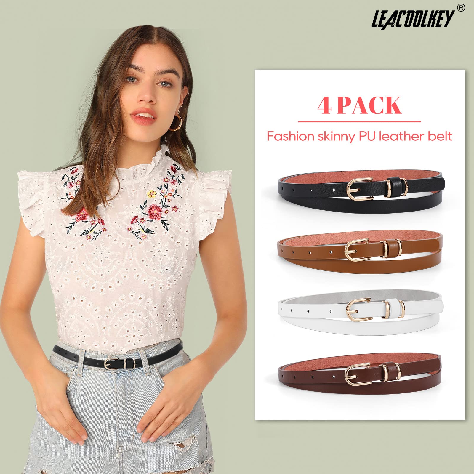 LEACOOLKEY 4 PACK Skinny Leather Belt for Women Dress Thin Waist Belt with Gold Buckle for Jeans