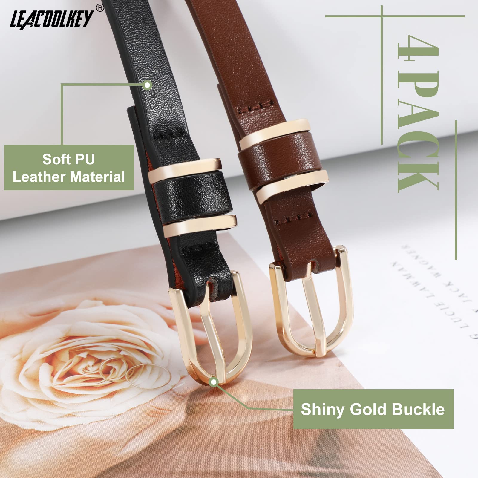 LEACOOLKEY 4 PACK Skinny Leather Belt for Women Dress Thin Waist Belt with Gold Buckle for Jeans