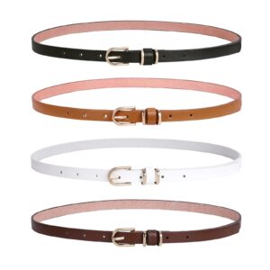 LEACOOLKEY 4 PACK Skinny Leather Belt for Women Dress Thin Waist Belt with Gold Buckle for Jeans