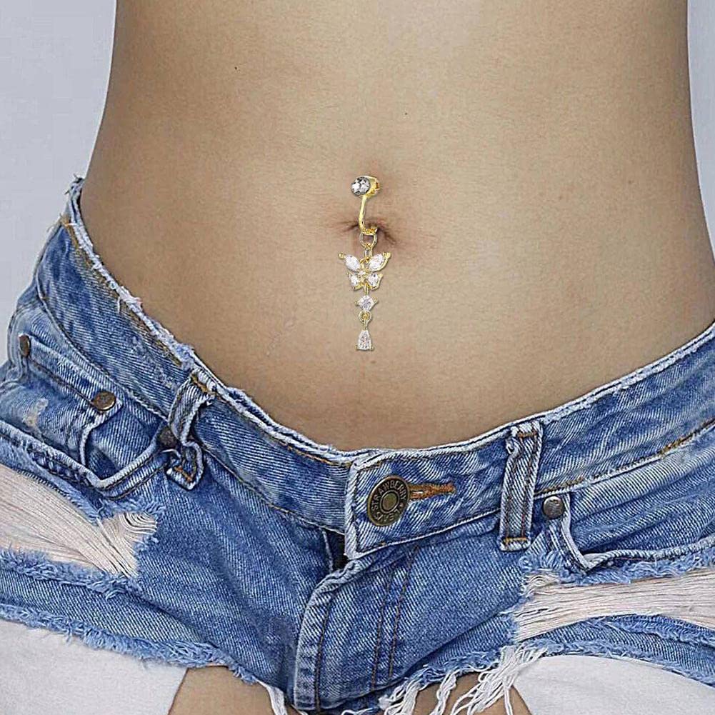 Fake Belly Piercing Fake Belly Button Ring,Dangle Belly Button Ring for Women,Butterfly Stainless Steel Belly Rings,Fake Belly Button Piercing Clip for Women Jewelry Gifts