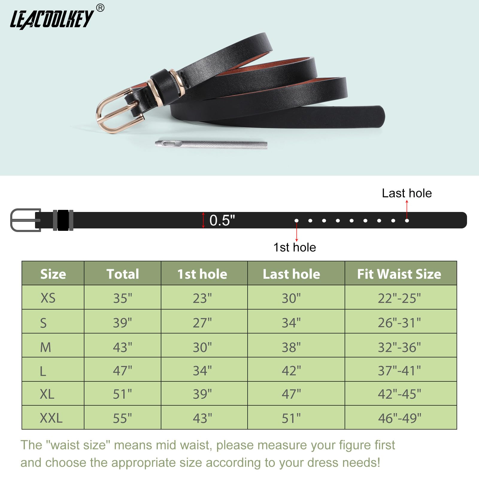 LEACOOLKEY 4 PACK Skinny Leather Belt for Women Dress Thin Waist Belt with Gold Buckle for Jeans