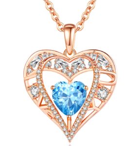 gemmance 5 heart crystal pendant necklace - 925 sterling silver chain - 18k rose gold plated - aqua blue - 18”+2” birthstone jewelry for women - gifts for birthday, christmas