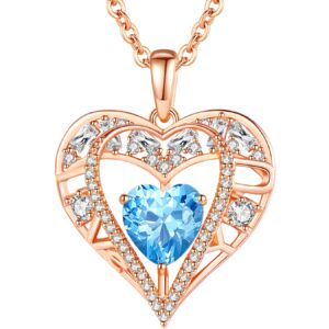 GEMMANCE 5 Heart Crystal Pendant Necklace - 925 Sterling Silver Chain - 18K Rose Gold Plated - Aqua Blue - 18”+2” Birthstone Jewelry for Women - Gifts for Birthday, Christmas