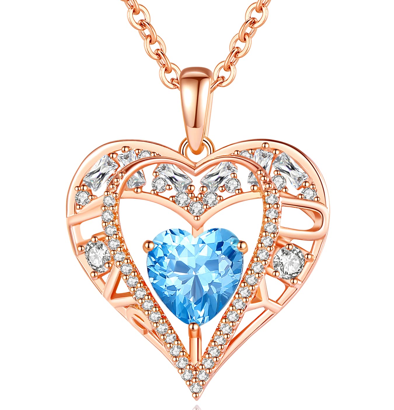 GEMMANCE 5 Heart Crystal Pendant Necklace - 925 Sterling Silver Chain - 18K Rose Gold Plated - Aqua Blue - 18”+2” Birthstone Jewelry for Women - Gifts for Birthday, Christmas