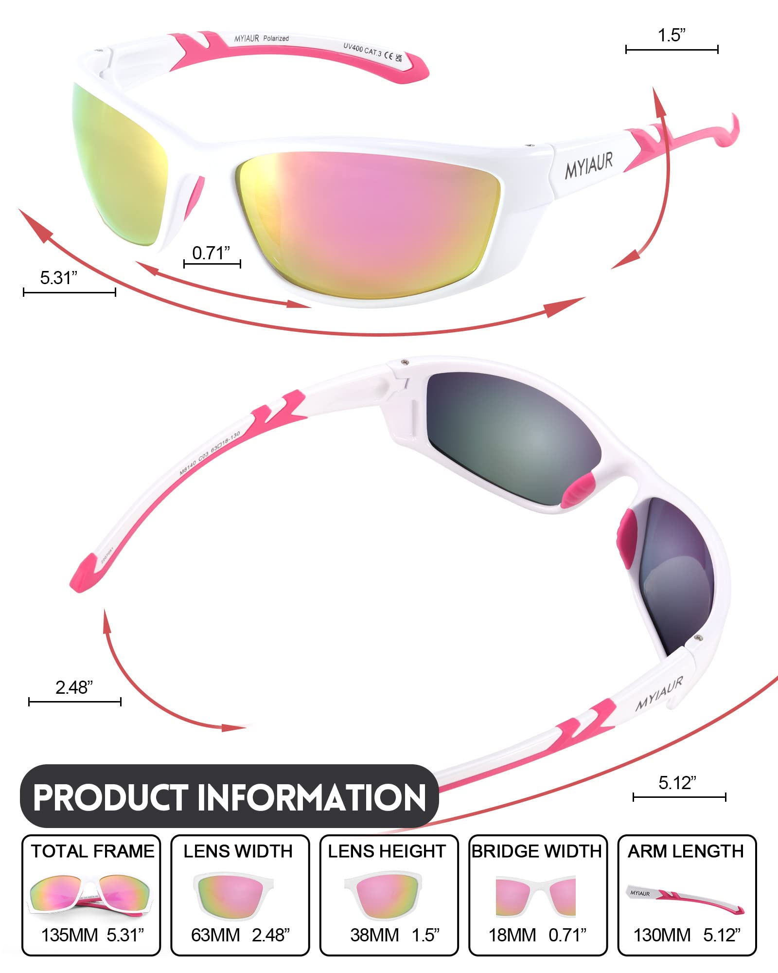 Myiaur Polarized Sports Sunglasses for Women Men UV Protection Mirrored Lens Sturdy Stylish Wrap Around Shades M8140