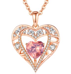 gemmance 5 heart crystal pendant necklace - 925 sterling silver chain - 18k rose gold plated - quartz rose - 18”+2” birthstone jewelry for women- gifts for birthday, christmas