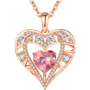 GEMMANCE 5 Heart Crystal Pendant Necklace - 925 Sterling Silver Chain - 18K Rose Gold Plated - Quartz Rose - 18”+2” Birthstone Jewelry for Women- Gifts for Birthday, Christmas