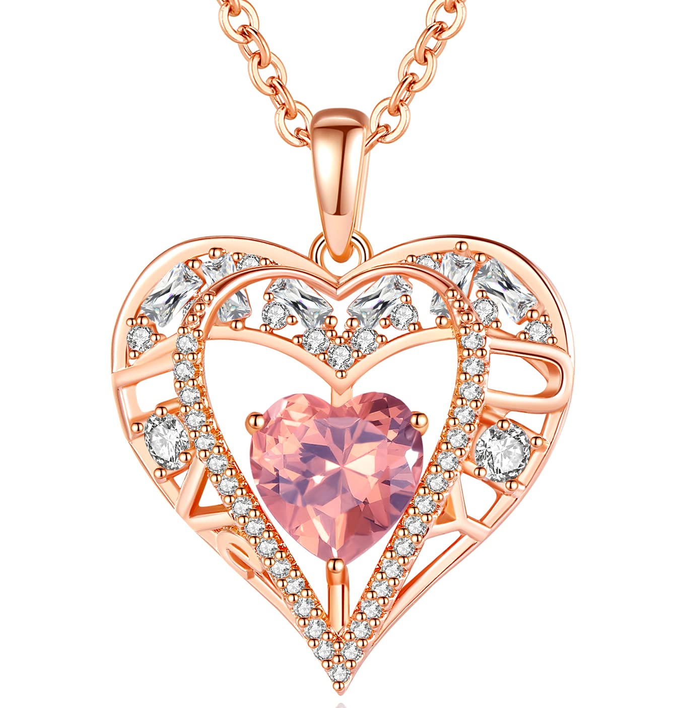 GEMMANCE 5 Heart Crystal Pendant Necklace - 925 Sterling Silver Chain - 18K Rose Gold Plated - Quartz Rose - 18”+2” Birthstone Jewelry for Women- Gifts for Birthday, Christmas