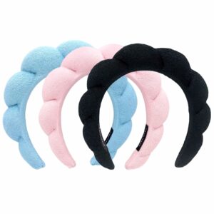 HAMYUTA 3Pcs Spa Headbands for Women Girls Puffy Sponge Skincare Headband for Washing Face Hair Wash Big Croissant Headband Skin Care Headbands for Facial Makeup, Shower, Facial Mask, Yoga (Velet)