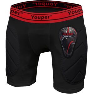 Youper Boys Youth Padded Sliding Shorts with Soft Protective Athletic Cup for Baseball, Football, Lacrosse (Black Red, Medium)