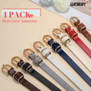 LEACOOLKEY 4 PACK Skinny Leather Belt for Women Dress Thin Waist Belt with Gold Buckle for Jeans