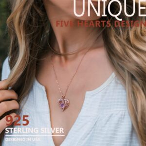 GEMMANCE 5 Heart Crystal Pendant Necklace - 925 Sterling Silver Chain - 18K Rose Gold Plated - Quartz Rose - 18”+2” Birthstone Jewelry for Women- Gifts for Birthday, Christmas