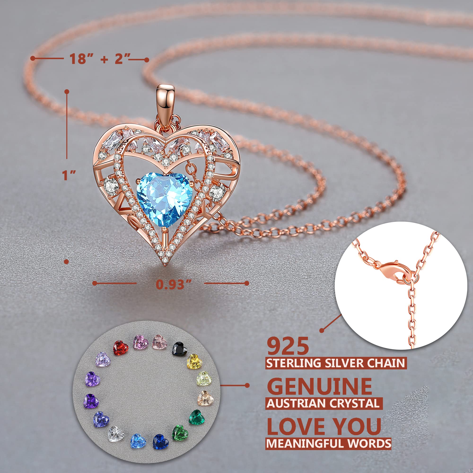 GEMMANCE 5 Heart Crystal Pendant Necklace - 925 Sterling Silver Chain - 18K Rose Gold Plated - Aqua Blue - 18”+2” Birthstone Jewelry for Women - Gifts for Birthday, Christmas