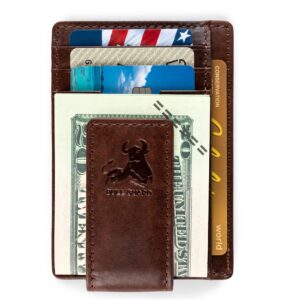 BULL GUARD Leather Magnetic Money Clip Wallet for Men with RFID Blocking Anti-Theft Protection, Durable Slim Front Pocket Card Case with ID Window