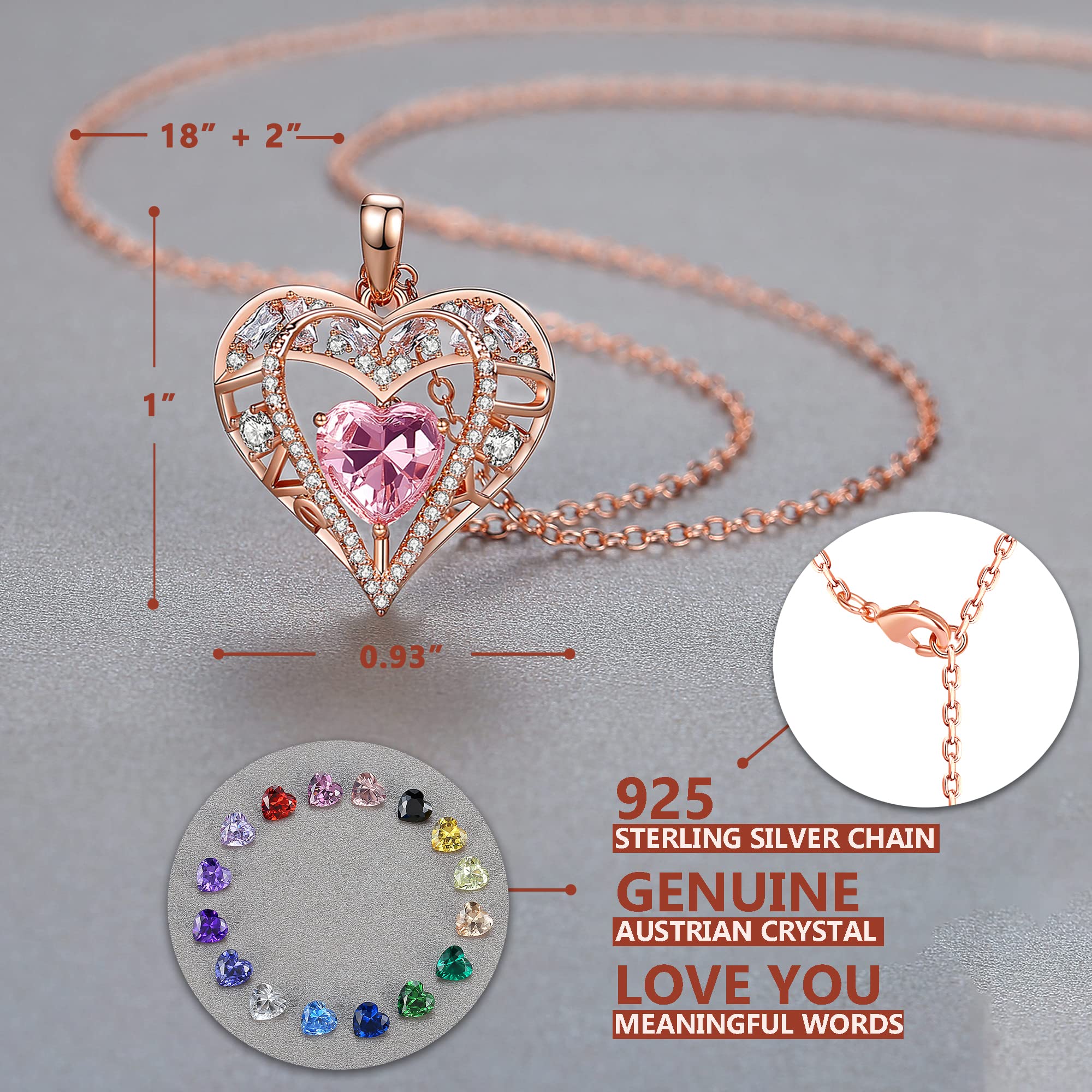 GEMMANCE 5 Heart Crystal Pendant Necklace - 925 Sterling Silver Chain - 18K Rose Gold Plated - Quartz Rose - 18”+2” Birthstone Jewelry for Women- Gifts for Birthday, Christmas