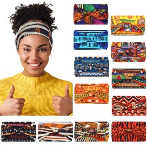 Censen 12 Pcs African Headbands for Women - Chiffon Knotted Assorted Bandeau Headbands Wide Yoga Elastic Hair Wraps - Hair Accessories for Girls Lady Running (Vivid)