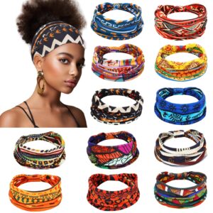 Censen 12 Pcs African Headbands for Women - Chiffon Knotted Assorted Bandeau Headbands Wide Yoga Elastic Hair Wraps - Hair Accessories for Girls Lady Running (Vivid)