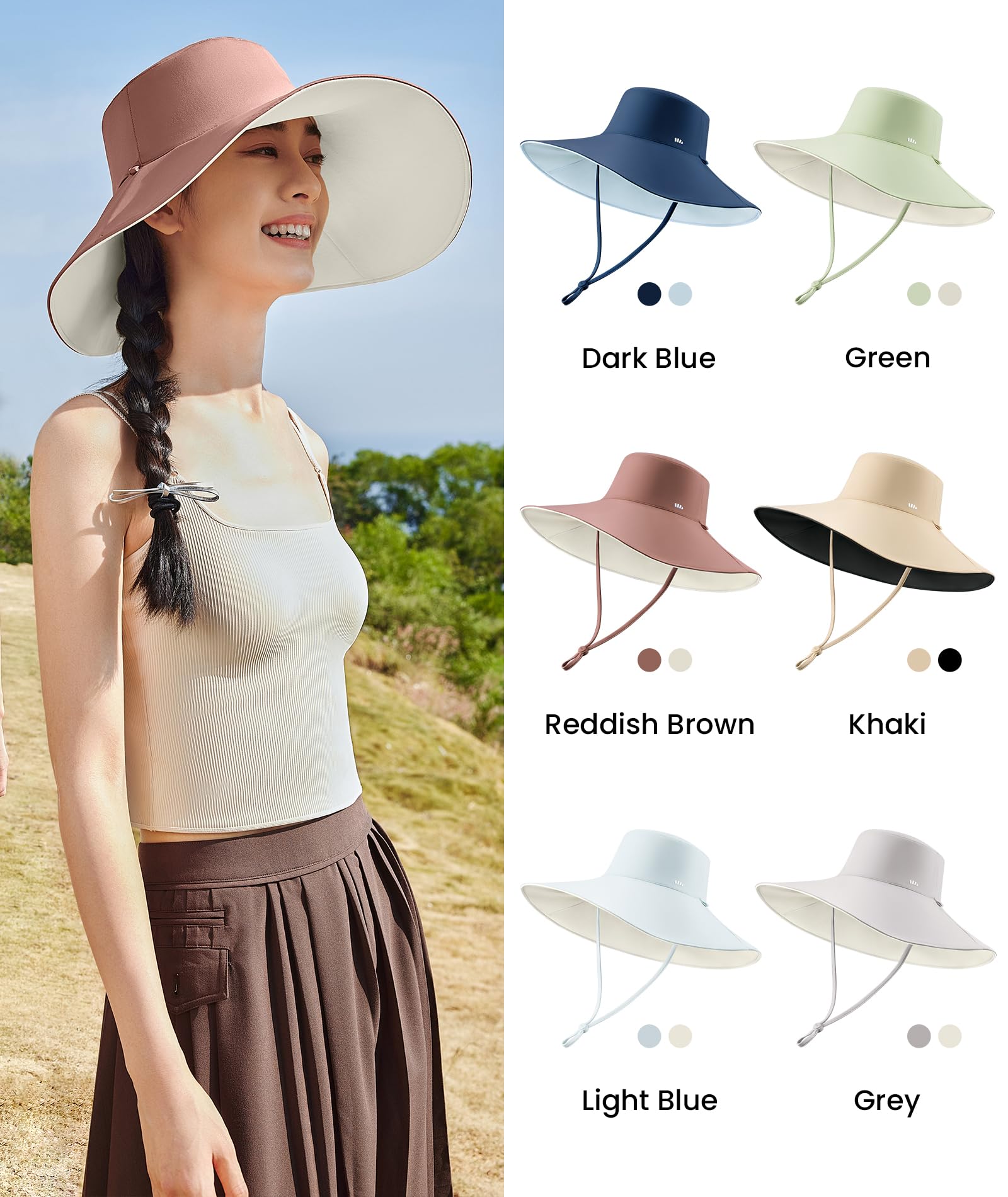 BENEUNDER Wide Brim Floppy Hats Reversible Bucket Hat UPF 50+ Beach Sun Hat Khaki/Black