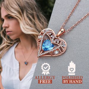 GEMMANCE 5 Heart Crystal Pendant Necklace - 925 Sterling Silver Chain - 18K Rose Gold Plated - Aqua Blue - 18”+2” Birthstone Jewelry for Women - Gifts for Birthday, Christmas