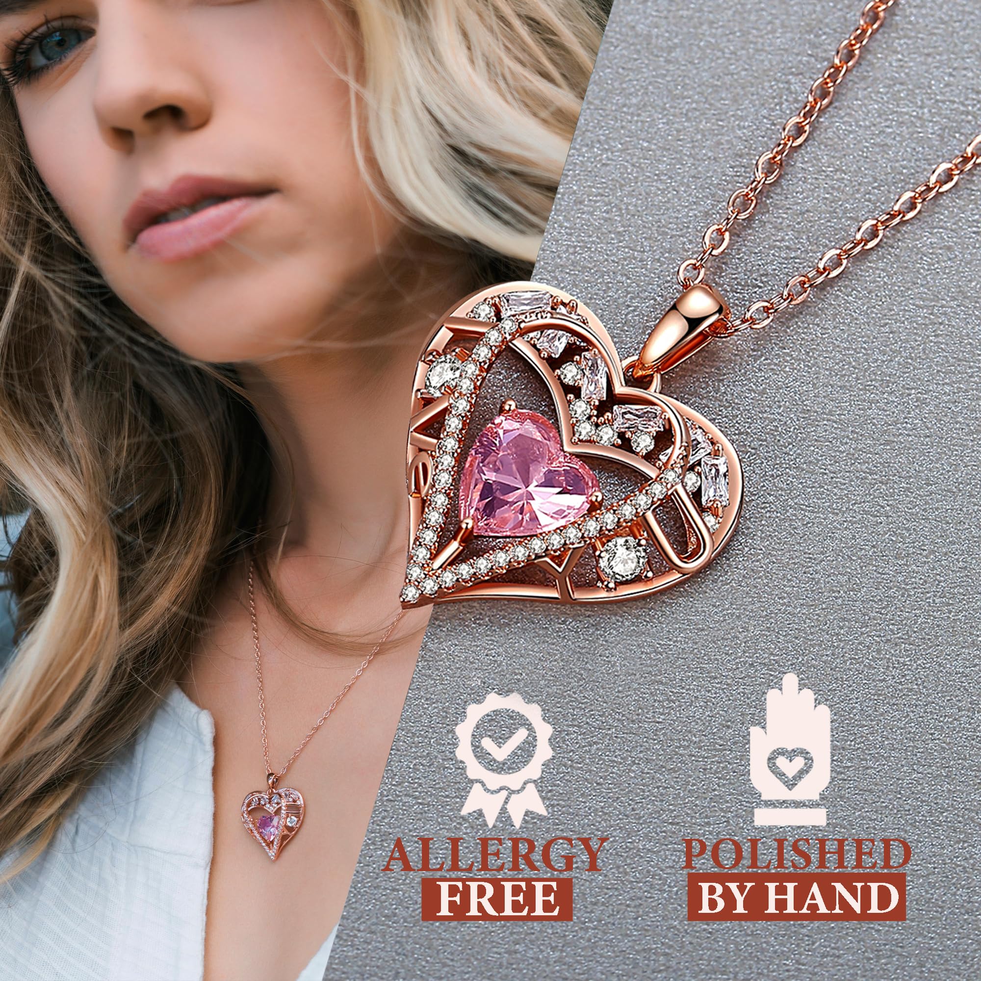 GEMMANCE 5 Heart Crystal Pendant Necklace - 925 Sterling Silver Chain - 18K Rose Gold Plated - Quartz Rose - 18”+2” Birthstone Jewelry for Women- Gifts for Birthday, Christmas