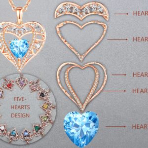 GEMMANCE 5 Heart Crystal Pendant Necklace - 925 Sterling Silver Chain - 18K Rose Gold Plated - Aqua Blue - 18”+2” Birthstone Jewelry for Women - Gifts for Birthday, Christmas