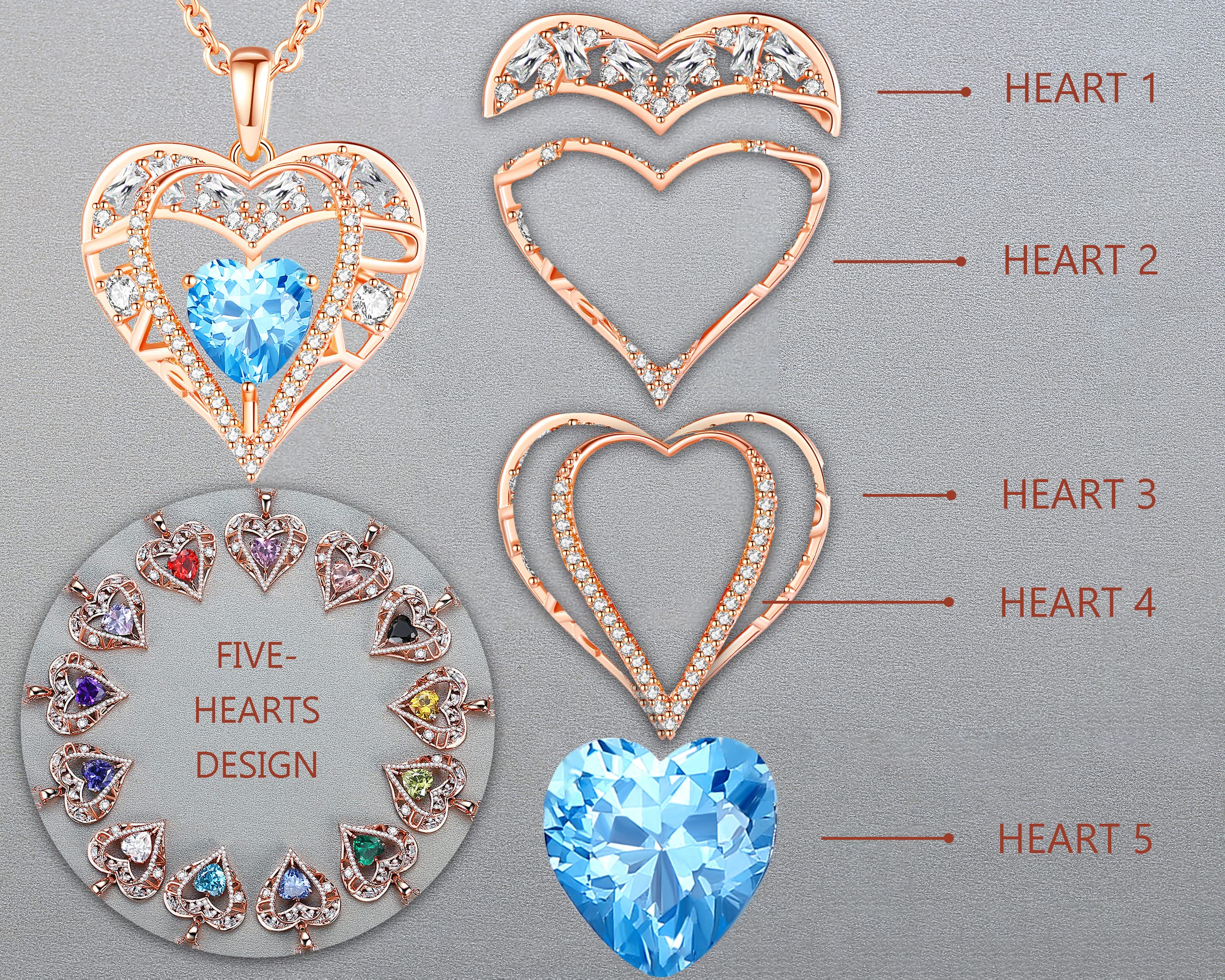 GEMMANCE 5 Heart Crystal Pendant Necklace - 925 Sterling Silver Chain - 18K Rose Gold Plated - Aqua Blue - 18”+2” Birthstone Jewelry for Women - Gifts for Birthday, Christmas