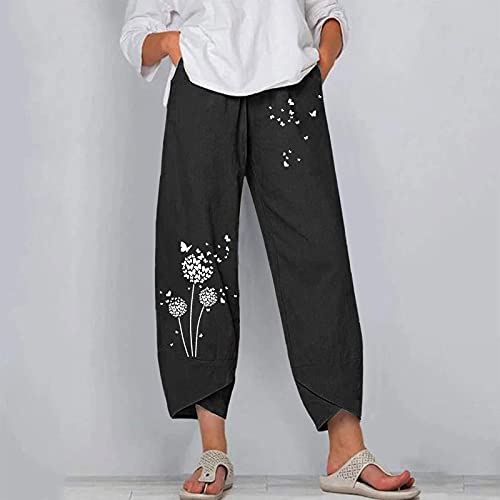 Mackneog Casual Capri Pants Wide Leg Wide Leg Loose Fitting Capri for Women Casual Summer Casual Linen Capris Cropped Cotton Black