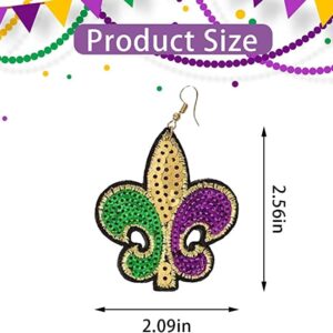 Hying Mardi Gras Earrings Fleur de Lis Earrings Dangle Glitter Green Purple Pendant Earrings Holiday Fashion Jewelry Gift Earing for Women Mardi Gras Decoration Carnival Drop