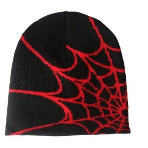 spider web jacquard beanie| black, red