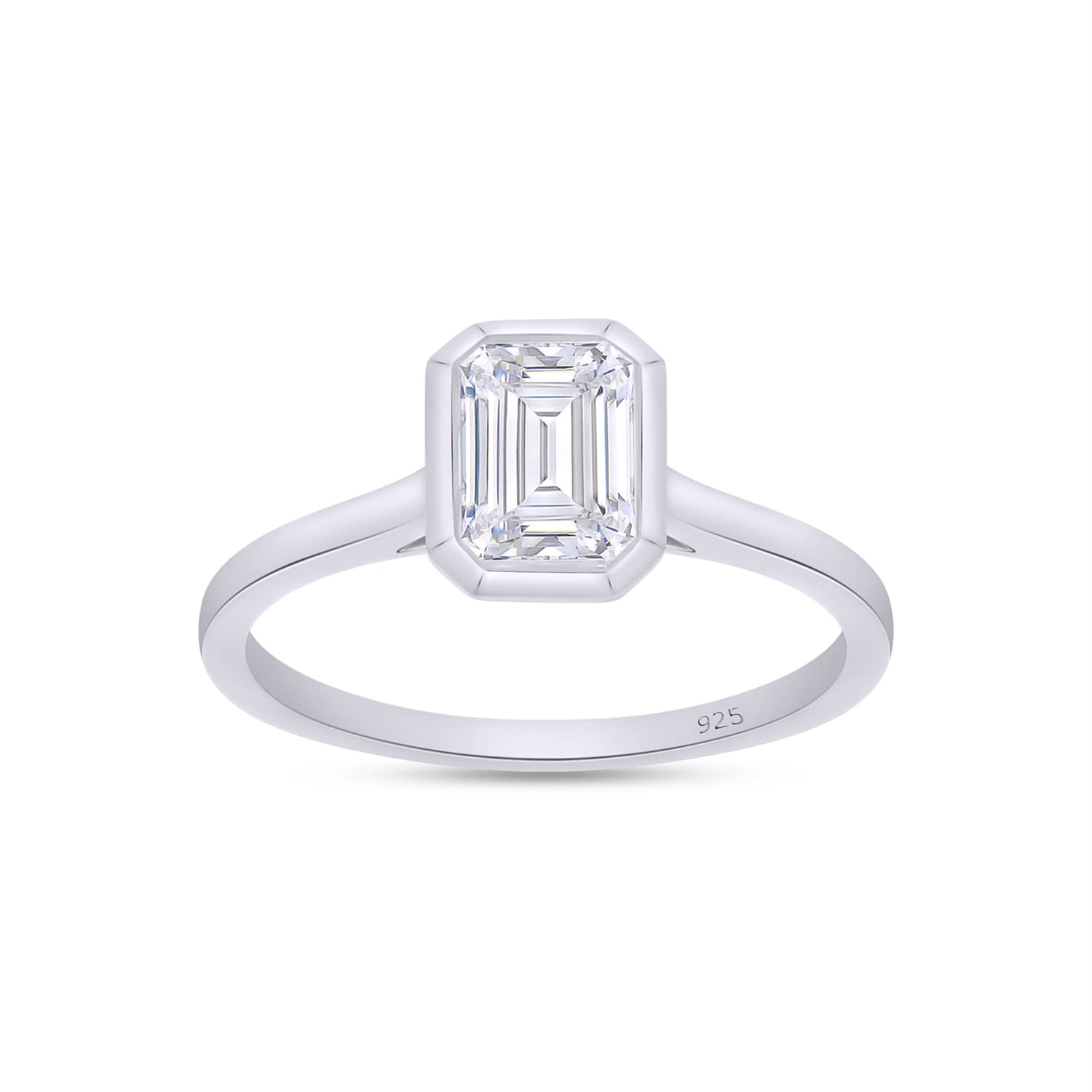 SAVEARTH DIAMONDS 1 Carat 5X7MM Emerald Cut Lab Created Moissanite Diamond Bezel Set Solitaire Engagement Ring for Women in 14K White Gold Plated 925 Sterling Silver (Color : G-H, Clarity : VVS1)-7