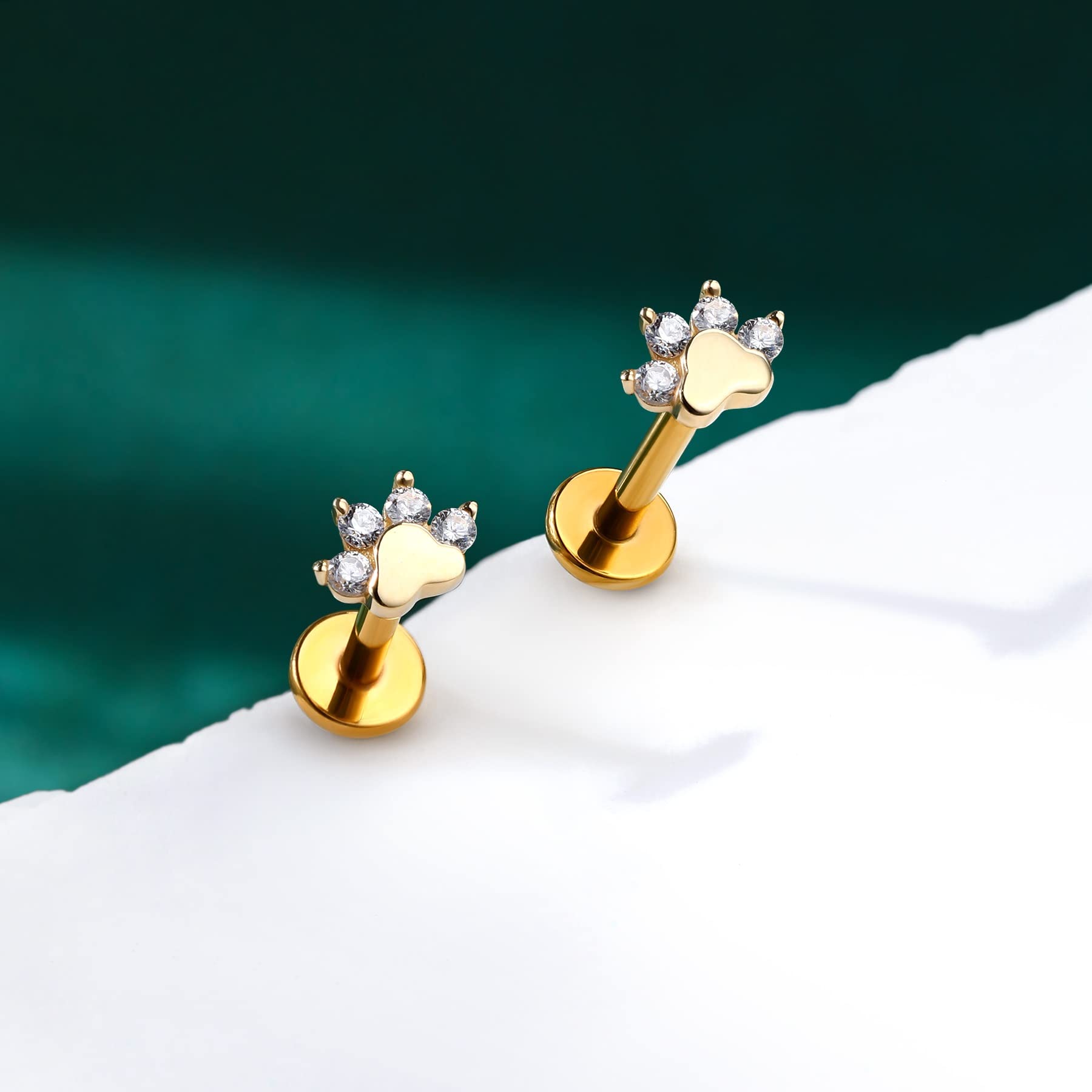 COCHARM 14K Solid Gold Helix Earring Stud 16g Dog Paw Flat Back Helix Piercings Yellow Gold Push in Tragus Earrings Threadless Tragus Stud 14K Gold Tragus Piercing Jewelry