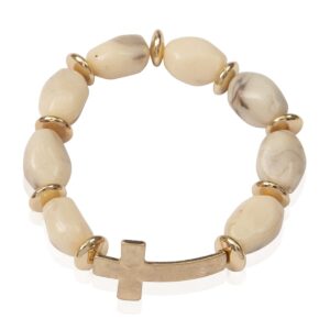 riah fashion cross metallic bar beaded stretch bracelet - religious christian strand natural stone, semi-precious prayer cuff bangle (pebble bead cross bracelet - ivory)