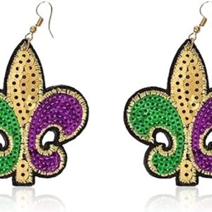 Hying Mardi Gras Earrings Fleur de Lis Earrings Dangle Glitter Green Purple Pendant Earrings Holiday Fashion Jewelry Gift Earing for Women Mardi Gras Decoration Carnival Drop