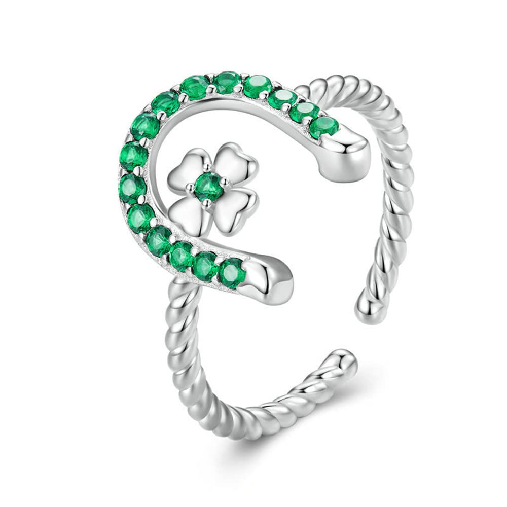 CZ Horseshoe 925 Sterling Silver Ring for Women Love U Clover Flower Adjustable Twisted Open Band Finger Rings Comfort Fit Fashion Cute Green Crystal Jewelry Gift for Birthday Christmas St. Patrick's Day