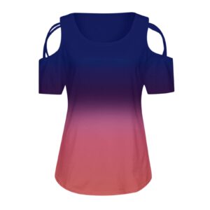 Womens Plus Size Tops T-Shirt Summer Shoulder Cold Women Strappy Short Blouses Gradient Sleeve Tops Women's Blouse Purple