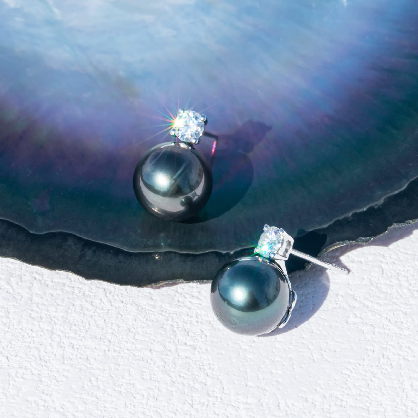 Mihiarii 11MM Tahitian Black Pearl Stud Earrings 10K Solid White Gold Moissanite Birthday Anniversary Mothers Day Valentines Day Christmas Gifts for Mom Her Women