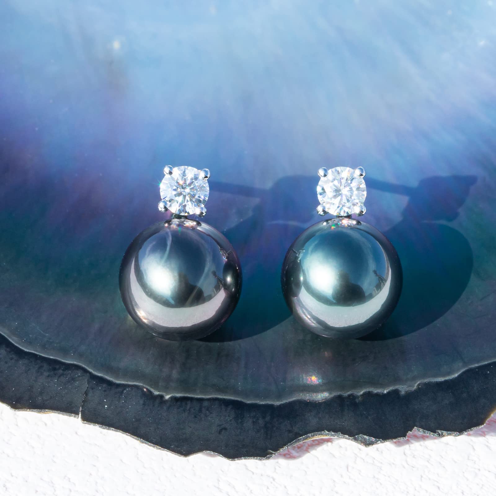 Mihiarii 11MM Tahitian Black Pearl Stud Earrings 10K Solid White Gold Moissanite Birthday Anniversary Mothers Day Valentines Day Christmas Gifts for Mom Her Women