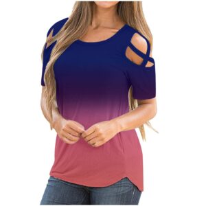 Womens Plus Size Tops T-Shirt Summer Shoulder Cold Women Strappy Short Blouses Gradient Sleeve Tops Women's Blouse Purple