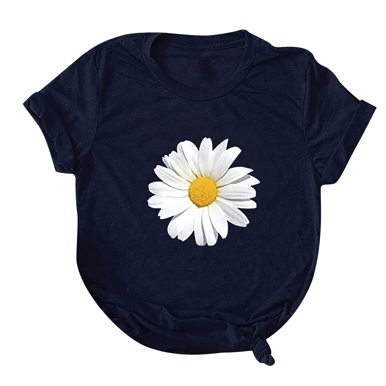 JEGULV Summer Tshirts for Women 2023, Women's Short Sleeve Blouse Daisy Floral Print Basic Summer Tee Shirts, Womens Tshirts Loose Fit - Navy, 3X-Large