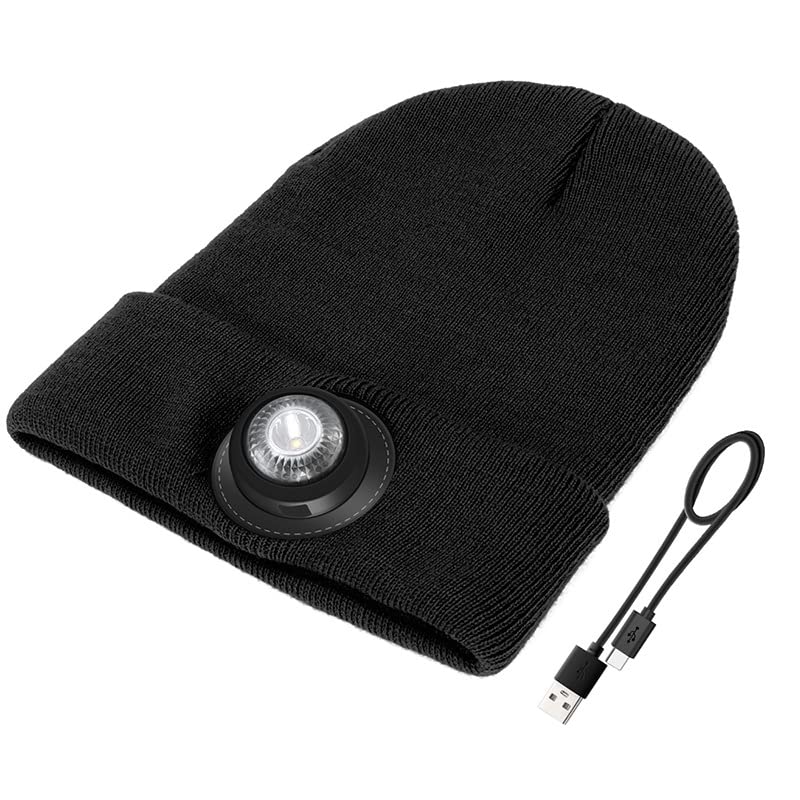 LED Beanie Hat, Winter Hat with Light, Head Light, Camping Hat, Camping Essentials, Hat with Night Light, Rechargeable LED Light Black