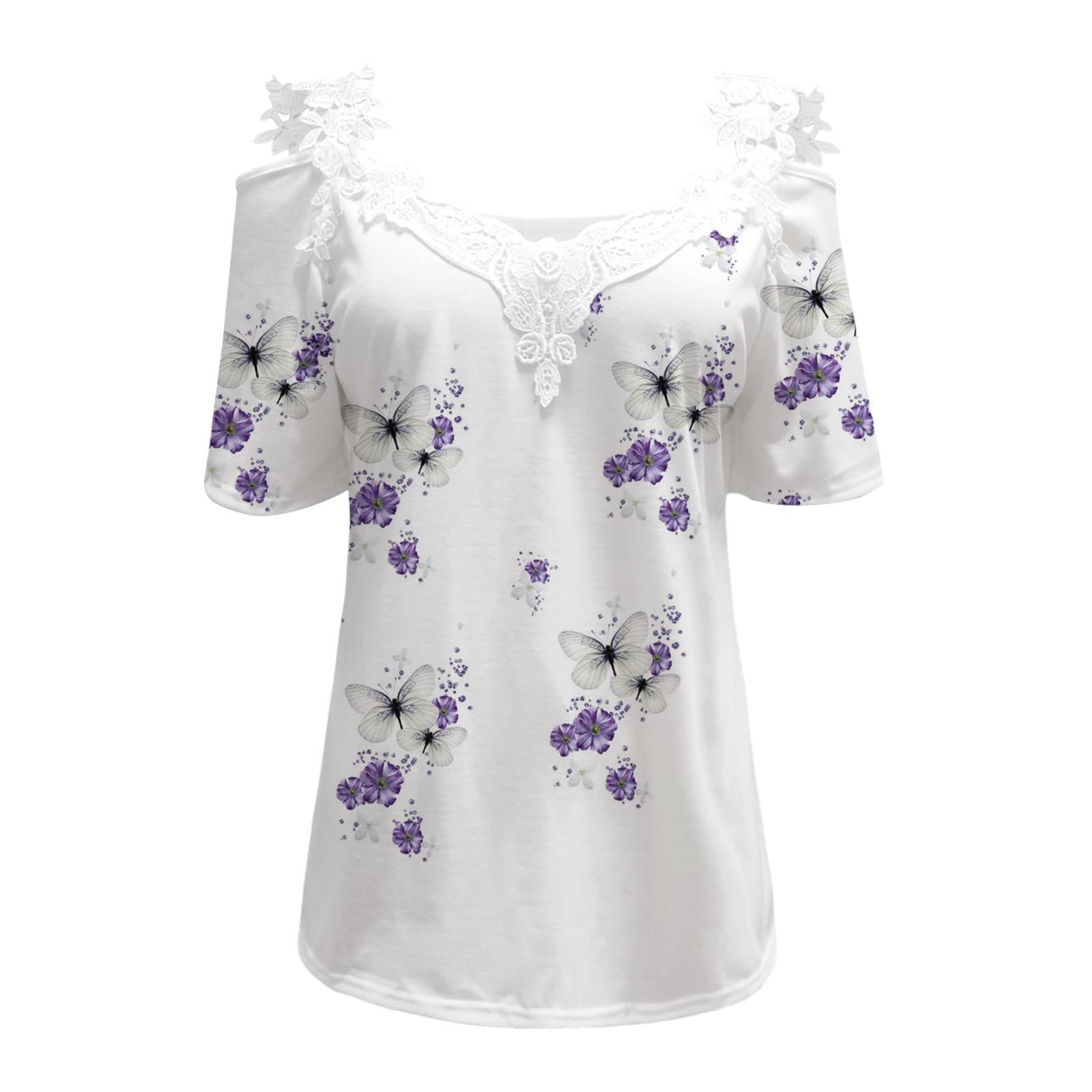 Womens Summer Tops 2023 Lace Cold Shoulder Tee Cute Floral Short Sleeve T Shirt Ladies Casual Regular Fit Blouses