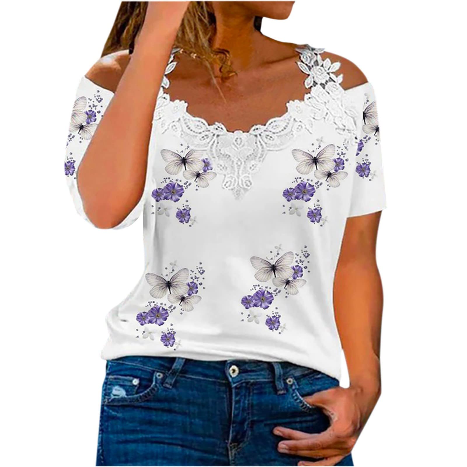 Womens Summer Tops 2023 Lace Cold Shoulder Tee Cute Floral Short Sleeve T Shirt Ladies Casual Regular Fit Blouses