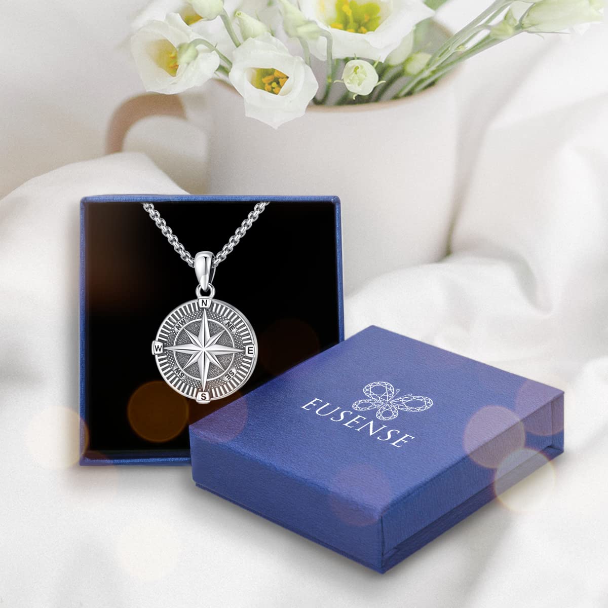 Compass Locket Necklace that Hold 2 Pictures memorial jewelry Photo Locket for Womens Mens small locket Sterling Silver 925 round circle locket pendant female male