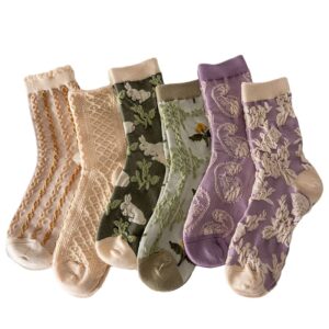 flora cottagecore cute fun ankle crew socks warm cotton socks for women girls gift 5,6 or 10 pairs(6pairs – mid-top light colors 06)