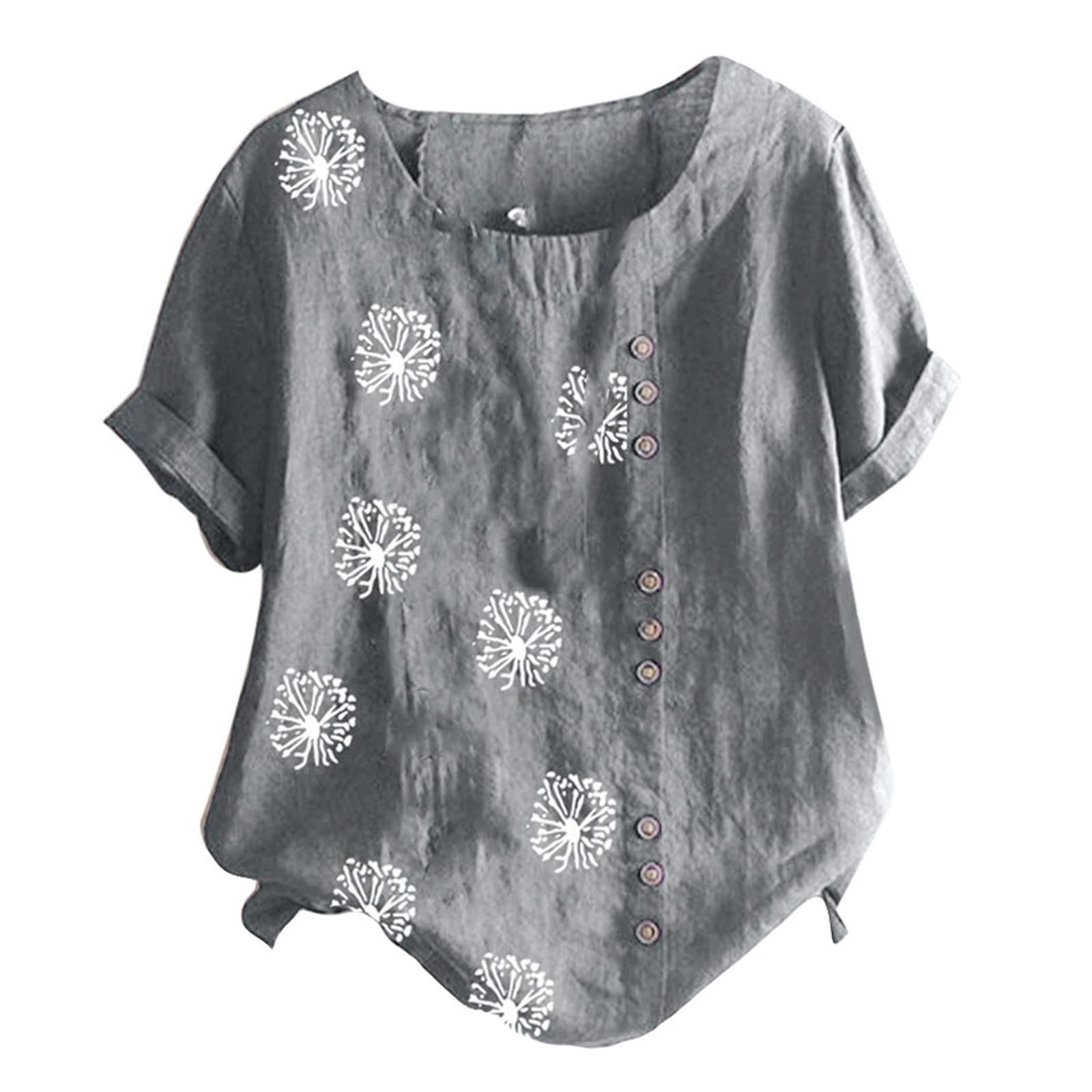 Wkishenl Summer Womens Short Sleeve Cotton Linen Tunic Tops 2023 Flowers Trendy Baggy T Shirts Button Casual Plus Size Blouse