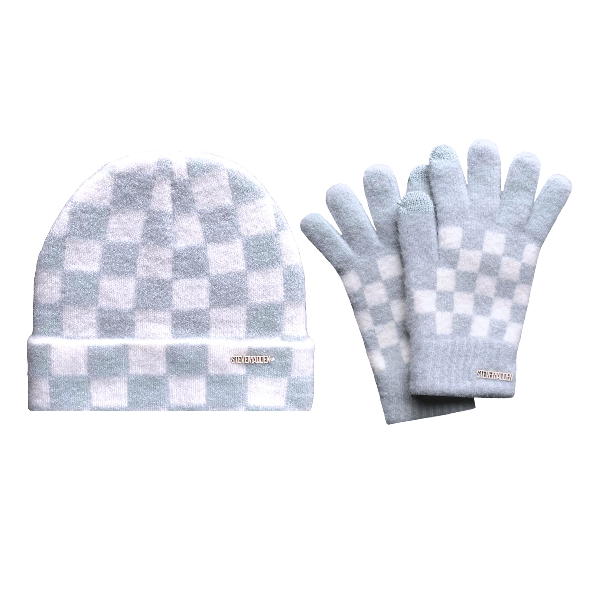 Steve Madden Women's Checkered Touch Fleece Gloves (Blue - White)