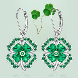 St Patricks Day Shamrock Earrings for Women Irish Four Leaf Clover Earrings Sterling Silver Leverback Celtic Lucky Green Shamrock Jewelry