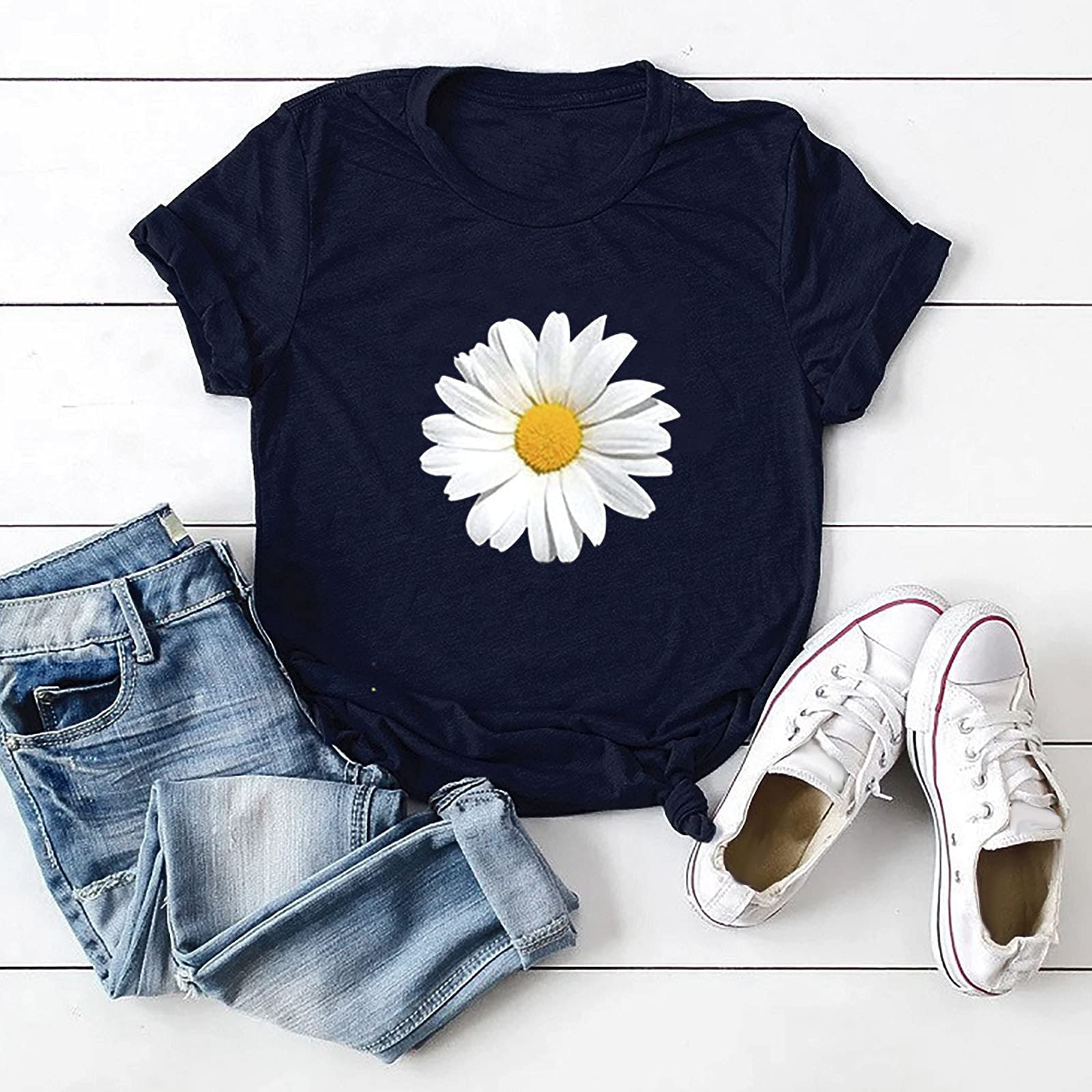 JEGULV Summer Tshirts for Women 2023, Women's Short Sleeve Blouse Daisy Floral Print Basic Summer Tee Shirts, Womens Tshirts Loose Fit - Navy, 3X-Large