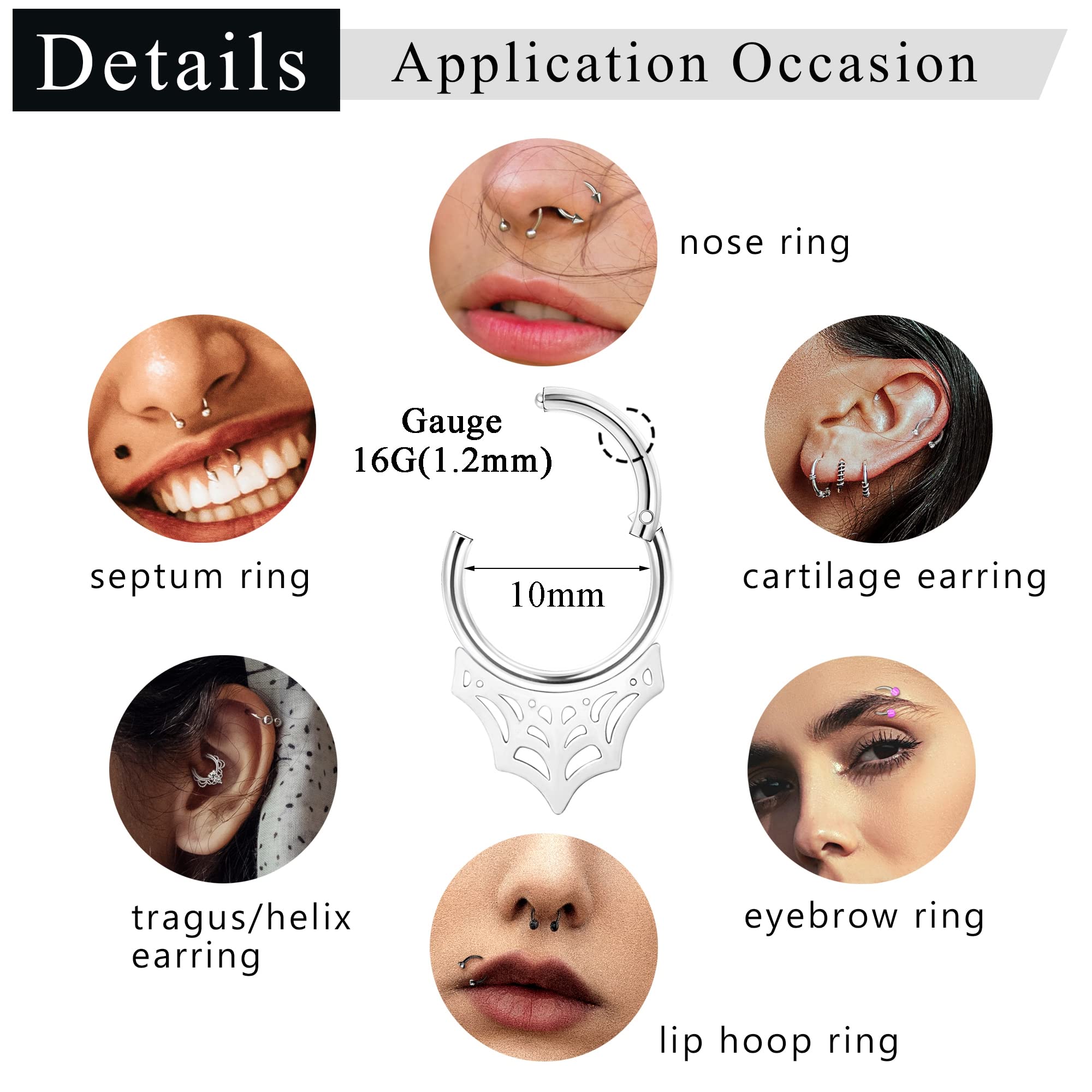 ZELORES 20Pcs 16G Septum Rings Horseshoe Septum Jewelry Stainless Steel Lip Nose Rings Hoops Helix Tragus Earrings Daith Cartilage Piercing Jewelry Silver Black Septum Ring Set for Women Men 8mm 10mm,